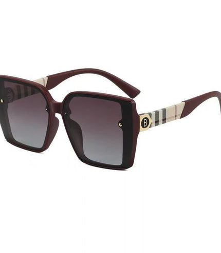 Wine Frame Oversized Square Sunglasses with Plaid Pattern Temples