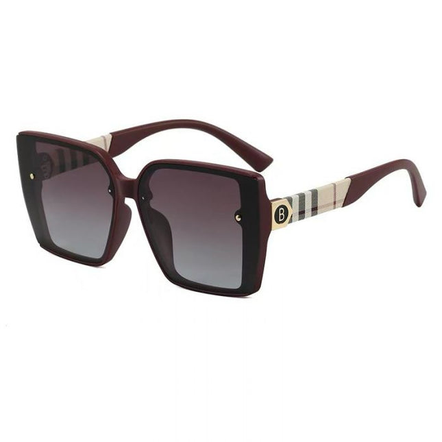 Wine Frame Oversized Square Sunglasses with Plaid Pattern Temples
