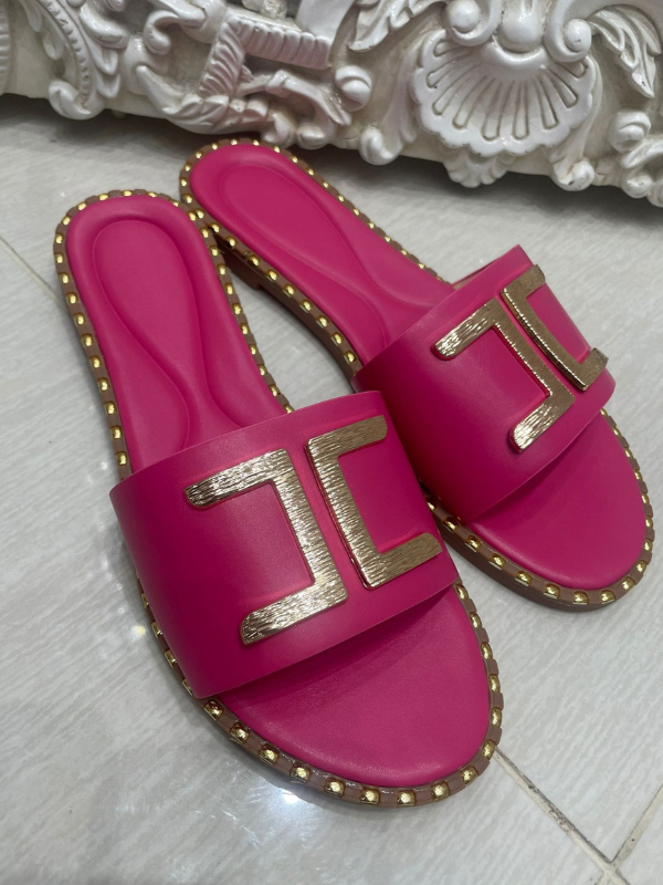 Gina - Raspberry Pink With Gold Logo Flat Sliders