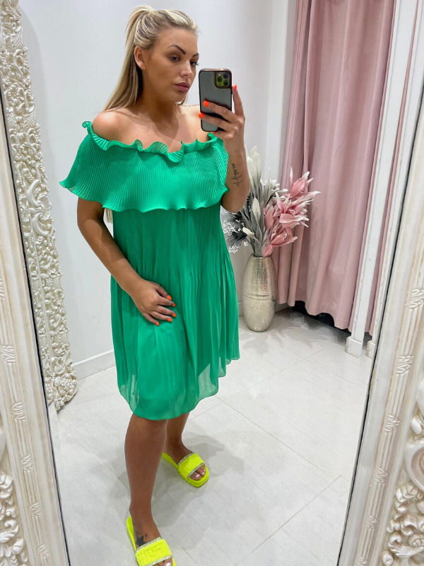Orla - Green Frill Bardot Pleated Mini Dress